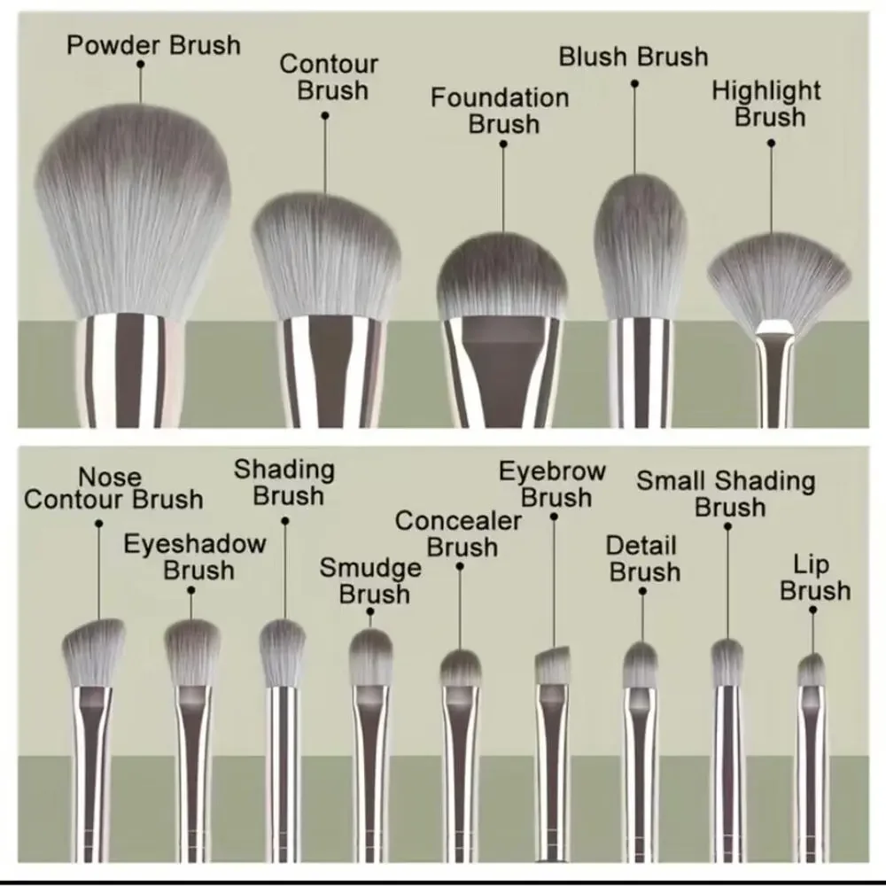 Makeup Brush Set 14 pc Brushes Green Handles Gold Tone Accent